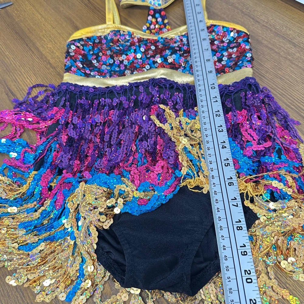 Glamour Costumes Dance Leotard Kids LC Colorful Sequin Fringe Halter T-Strap VTG - Picture 10 of 10